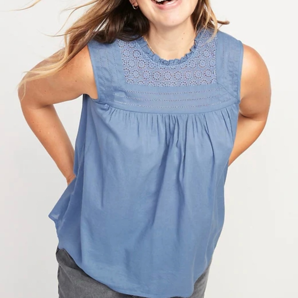 Ruffled Lace-Trim Sleeveless Blouse